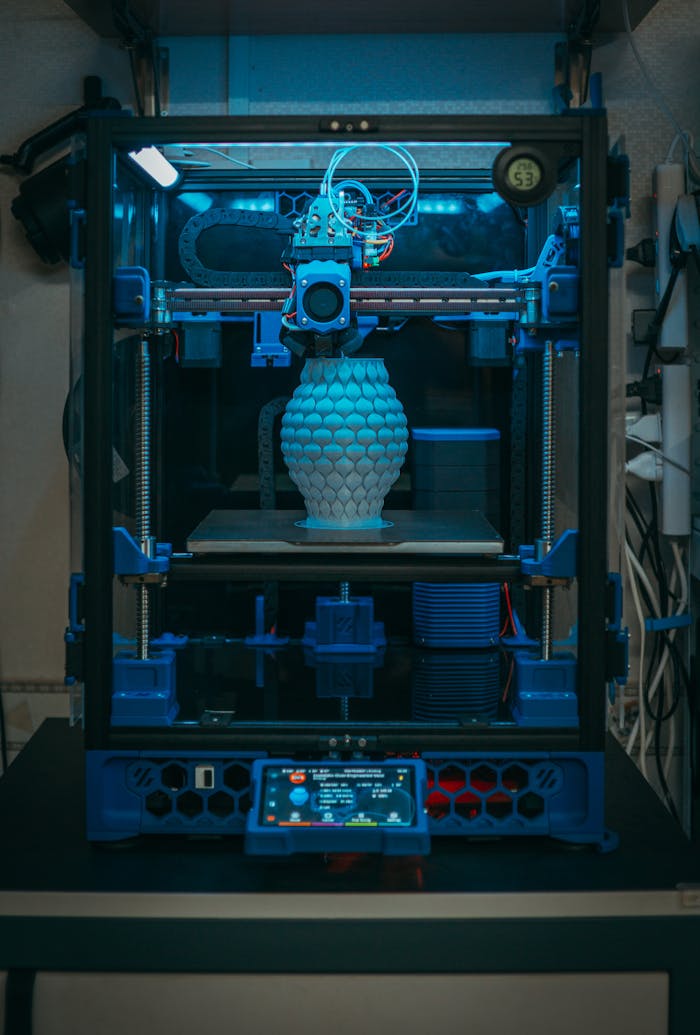 services-01 Close-up of a 3D printer in action, crafting a detailed vase in a modern setting.
